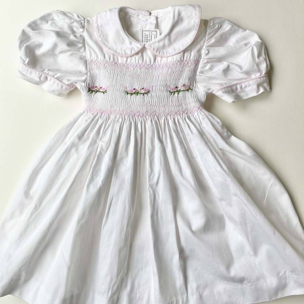 Création Imaho Vintage White Smocked Dress w/ Pink Birds SZ Unknown (Guess 3T)
